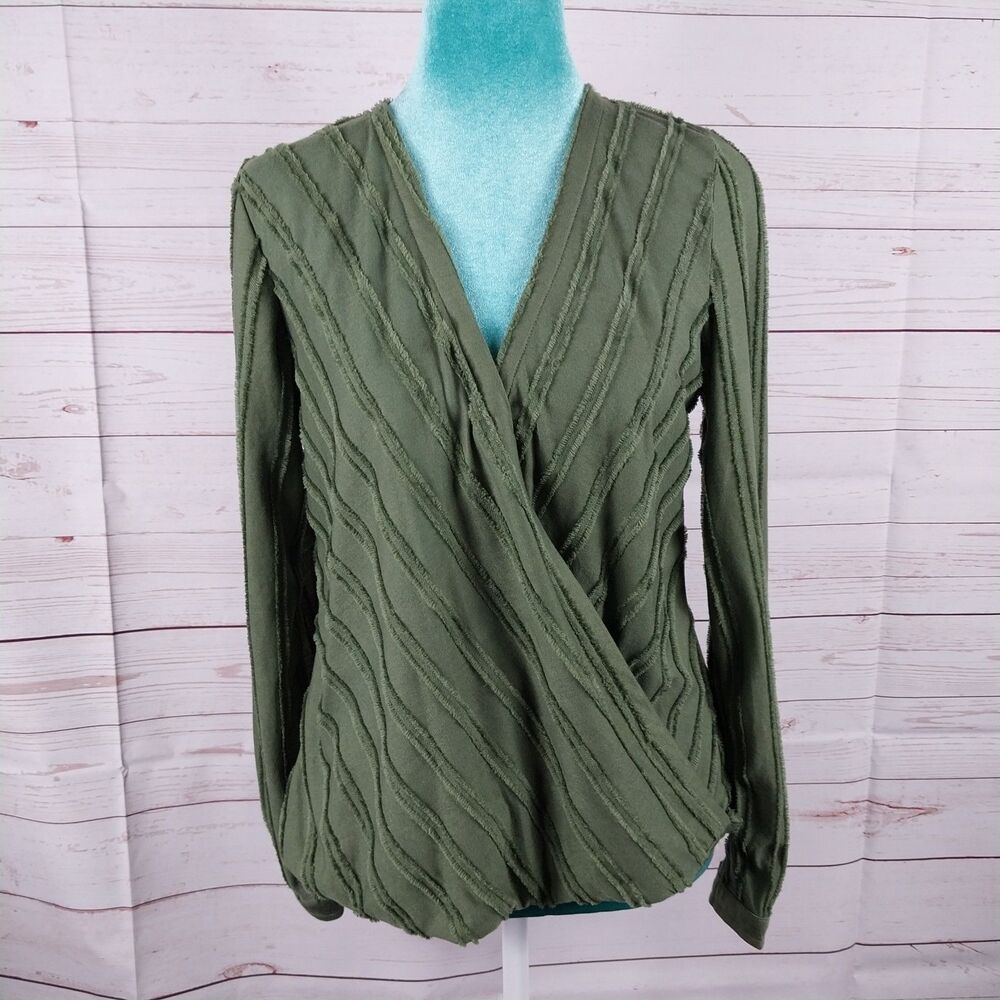 Anthropologie Maeve Audre Textured Faux Wrap Top Olive Green Size Small Boho